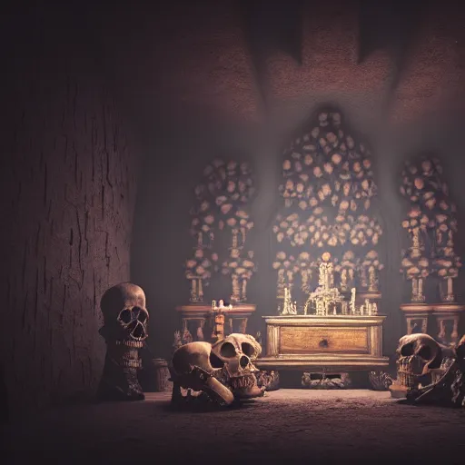 Image similar to full color, low ultrawide interior shot of sedlec ossuary, bones, anime style mixed with fujifilm, dark, foggy, atmospheric, artstation, cgsociety, octane render, cgi, denoise, detailed, cinematic masterpiece