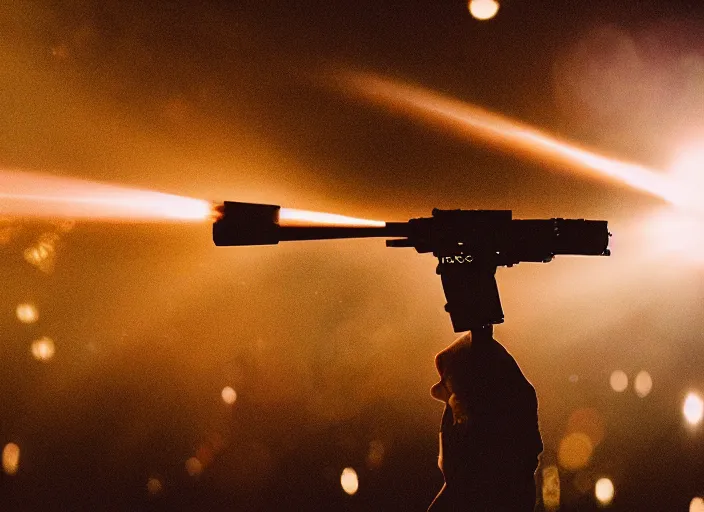 Prompt: a 3 5 mm photo of an alien spaceship firing blaster beams, bokeh, canon 5 0 mm, cinematic lighting, dramatic, film, photography, golden hour, depth of field, award - winning, 3 5 mm film grain