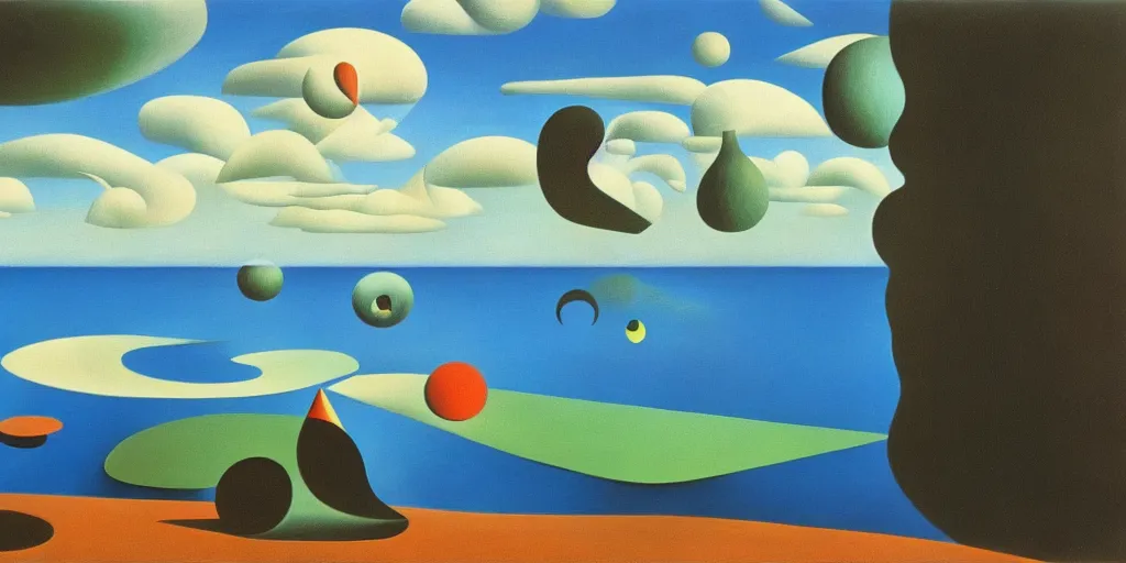 Prompt: a surrealist painting of a lake by alexandr archipenko and rene magritte and joan miro, 4 k, trending on artstation, detailed