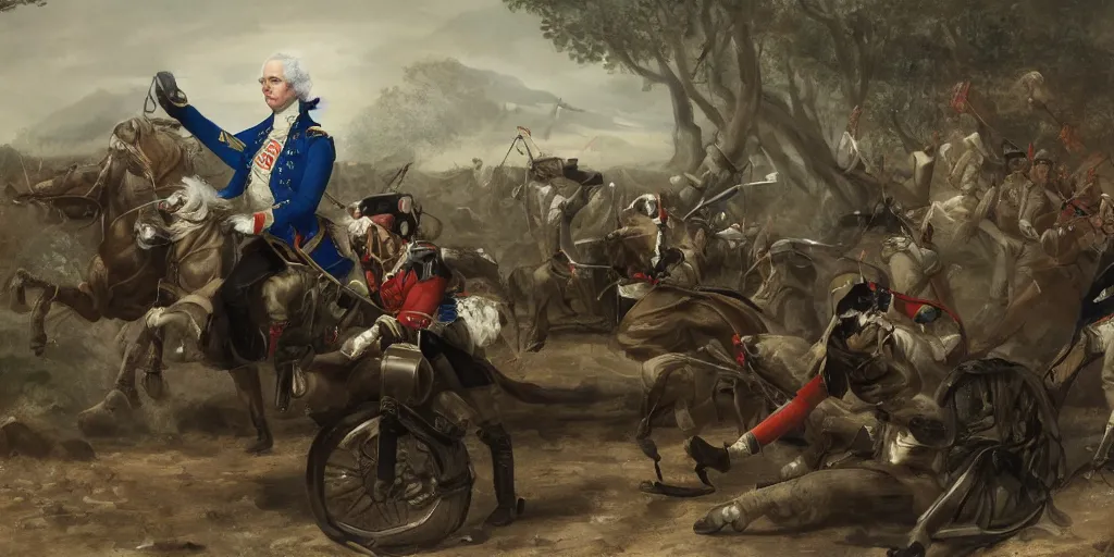 Image similar to George Washington rides a motorcycle to attack the British army in the revolutionary war, epic, cinematic, concept Art, detailed, 4K