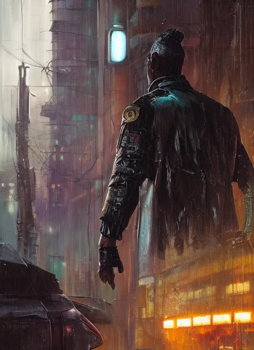 Prompt: frankenstein. cyberpunk cop in tactical gear. plastic raincoat. blade runner 2 0 4 9 concept painting. epic painting by james gurney, azamat khairov, and alphonso mucha. artstationhq. painting with vivid color. ( rb 6 s, cyberpunk 2 0 7 7 )