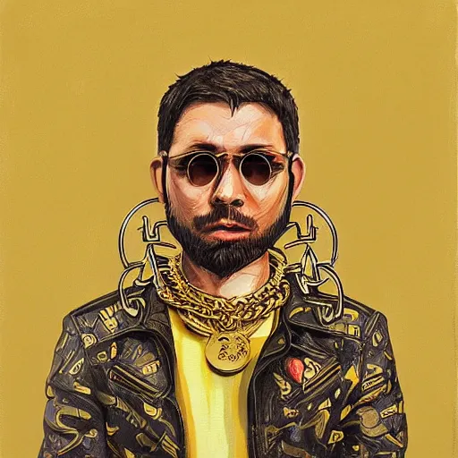 Image similar to a painting of hordor dripped out, gold rings, gold chain, stylish, gold grill by sachin teng