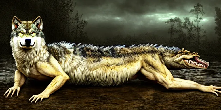 Image similar to chimera made of a wolf and a crocodile, photo of wolf, photo of crocodile, awarded on pixiv, ultra realism, fantasy, trending on deviantart, realistic wood swamp, professional photoshop artwork