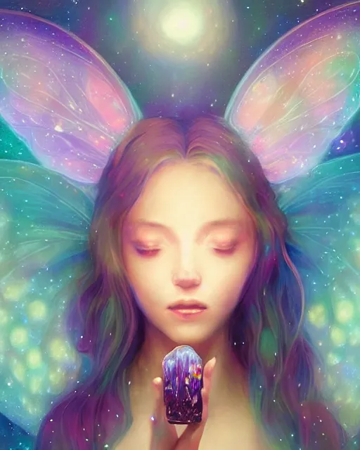 Prompt: a detailed image of an attractive!!!! girl with psychedelic! fairy wings sitting under the night sky and holding!! a crystal!! containing all of reality and galaxies, by greg rutkowski artgerm ross tran ilya kuvshinov. 7 0 mm, volumetric lighting, digital art, subtle and detailed