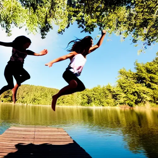 Prompt: girls jumping off a dock into lake silhouette