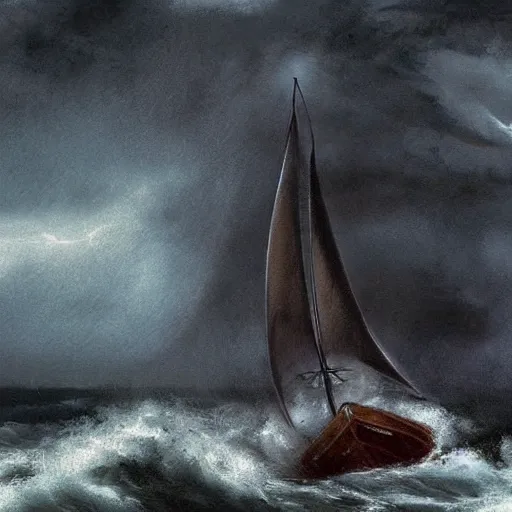 Image similar to sailboat in stormy waters, dark clouds, huge waves, gloomy, overcast, moody atmospheric, storm clouds, lightning illuminating sails, concept art, detailed, artstation award