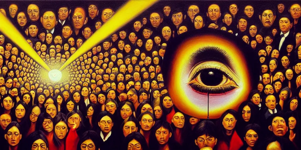 Prompt: people being overcome by love, golden hour, all seeing eye, protection, forcefield, aura, dripping colors, vibration of love, detailed painting by painting by gottfried helnwein and tokio aoyama