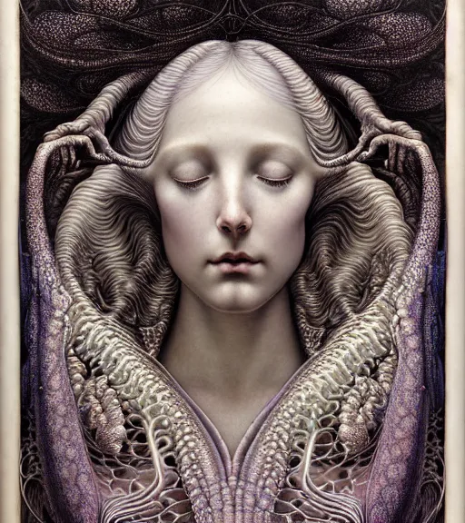 Prompt: detailed realistic beautiful opalescent goddess face portrait by jean delville, gustave dore, iris van herpen and marco mazzoni, art forms of nature by ernst haeckel, art nouveau, symbolist, visionary, gothic, neo - gothic, pre - raphaelite, fractal lace, intricate alien botanicals, biodiversity, surreality, hyperdetailed ultrasharp octane render