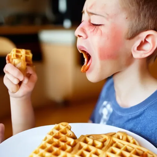 Prompt: boy crying and screaming while eating waffles