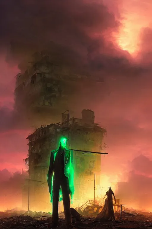 Prompt: ominous figure in the street of a destroyed city, fiery green rubble landscape, steampunk, thick heavy fog, sunset, golden hour, blue hour, colorful magenta and green dramatic cloud filled sky, by gerald brom, greg rutkowski, photo realism, unreal engine