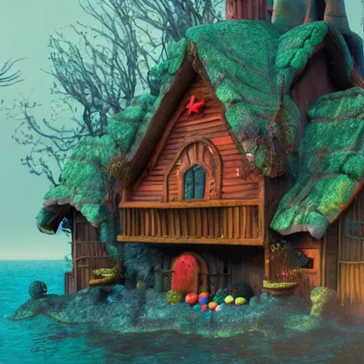 Image similar to a witches house made out of candy, on the ocean, epic scene, fantasy, redshift render, cgi, hyper - detailed, photo - bash, 8 k post - production, masterpiece