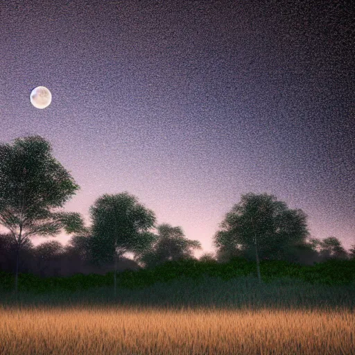 Prompt: field of fireflies at twilight, no blur, hyper realistic, full moon, 8 k octane render