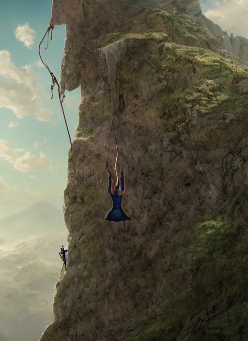 Prompt: close-up portrait action shot of Lara Croft hanging from a cliff ridge, Les Edwards, Zdzislaw Beksinski, Carl Gustav Carus, John Harris, Michal Karcz, Zhang Kechun, Mikko Lagerstedt, Scott Listfield, Steven Outram, Jessica Rossier