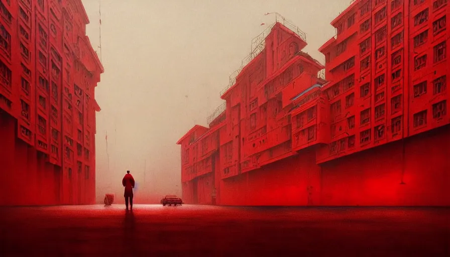 Image similar to only with red, soviet communism city atmosphere with soviet flag, in the style of beksinski and rodcenko and yue minjun and cory loftis, intricate and epic composition, red by caravaggio, highly detailed, masterpiece, red light, artstation, art nouveau