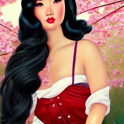 Prompt: pin - up portrait of a beautiful young mulan, pretty long hair, traditional dress, cherry blossoms, intense flirting, showing curves, symmetrical face, digital art, smooth, extremely detailed, model pose, by wu bayard, by gil elvgren, by ralph horsley, by hanks steve