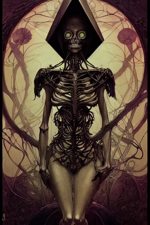 Image similar to artgerm, joshua middleton, mucha, beksinski, moebius, heavy metal comic cover art, psychedelic triangular skeletal calcification fungus lich, full body, hollow eyes, symmetrical face, long black crown, in a dungeon background, moody dark colors