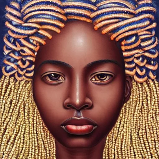 Prompt: “sango God of thunder plaited hair beads cowry Nigerian lightning facial details proportionate dark skinned symmetrical digital art oil painting Edward hooper”
