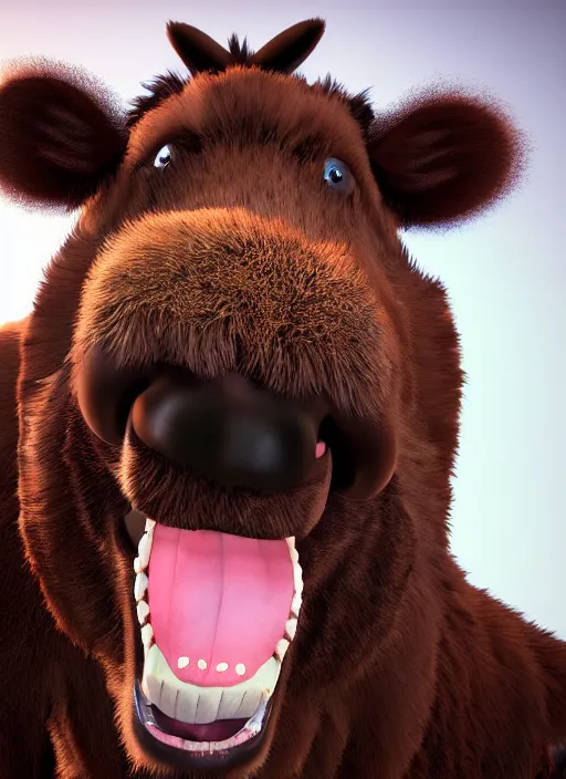 Prompt: an epic portrait of a furry cow showing his teeths, unreal 5, DAZ, hyper realistic, octane render, dynamic lighting