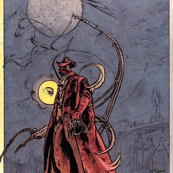 Image similar to t hunter from bloodborne in retrofuturism yharnam, style by retrofuturism, faded red and yelow, by malcolm smith, old comics in city, nicholas roerich,