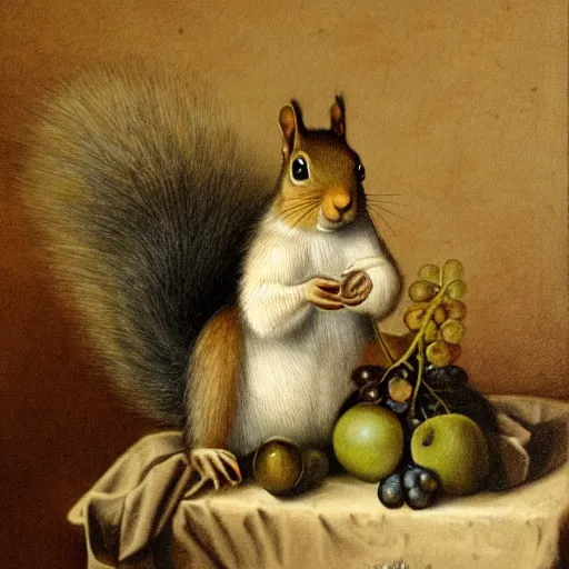 Prompt: A squirrel stealing grapes in the style of a Dutch still life