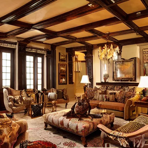 Image similar to photorealistic traditional living room maximalist furnitrue big ceiling