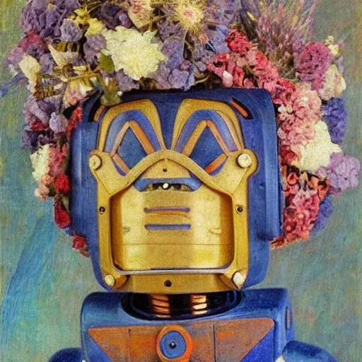 Prompt: a painting of a robot wearing a mask made of flowers, by annie swynnerton and diego rivera, symbolist, dramatic lighting, elaborate geometric ornament, art brut, soft cool colors, smooth, sharp focus, extremely detailed, adolf wolfli