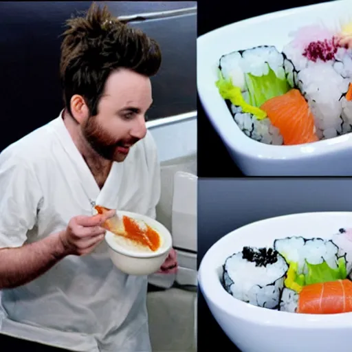 Image similar to Charlie Day eating sushi out of a white toilet bowl, realistic