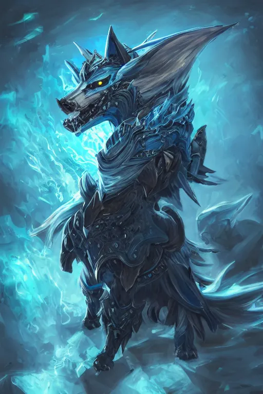 Image similar to anthropomorphic Azure wolf knight, DnD character art portrait, fantasy battleground, raining, blue flame, oil painting, heroic pose, magic the gathering artwork, D&D, fantasy, cinematic lighting, centered, symmetrical, highly detailed, digital painting, artstation, concept art, chromatic aberration, post processing, smooth, sharp focus, illustration, volumetric lighting, epic Composition, 8k, art, DeviantArt, trending on Artstation, Jason Felix, Steve Argyle, Tyler Jacobson, Peter Mohrbacher, Akihiko Yoshida, Greg Rutkowski, Craig Mullins, Frank Frazetta, cinematic lighting