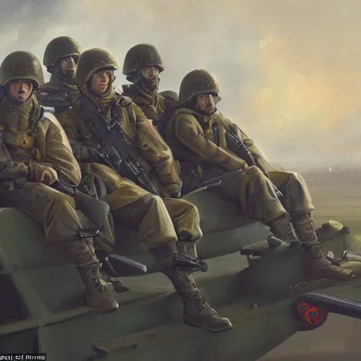 Prompt: an award winning painting of soldiers sitting inside a plane on their way to the battlefield, an emotionless look on their faces, in the style of grek rutkowski