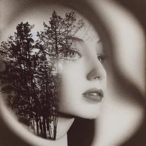Prompt: girl head and landscape double exposure photography by man ray