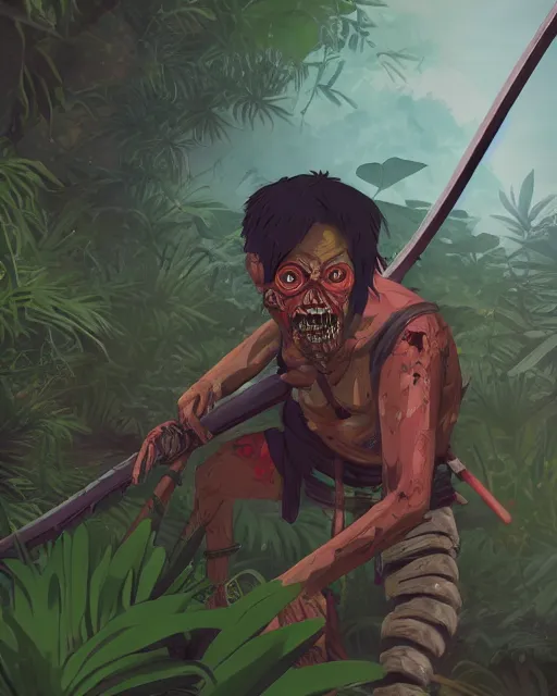 Image similar to An illustration of a zombie samurai, in a jungle environment, macro, digital painting, art by Nicola Saviori and Studio Ghibli, artstation, octane render, studio ghibli color scheme