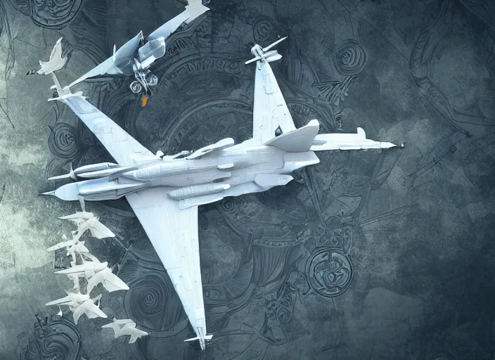 Prompt: a 3 d scene of an angelic military aircraft fighter jet with swan wings with ornate rococo patterns flying over an enchanted forest, biopunk, fantasy setting