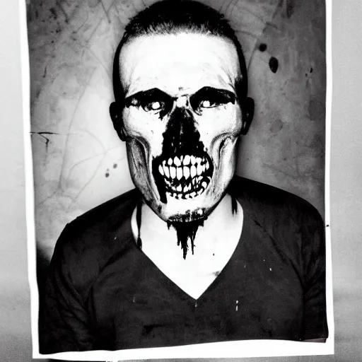 Image similar to uncanny disturbing black and white photo of patrick batemen with sharp teeth and half of his face missing revealing a bloody skull, missing poster, gory, bloody, scary, realistic