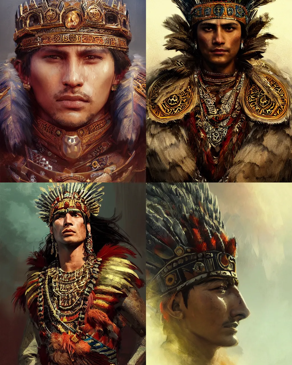 Prompt: Aztec king, handsome, portrait, intricate, elegant, feathers, volumetric lighting, scenery, digital painting, highly detailed, artstation, sharp focus, illustration, concept art, ruan jia, steve mccurry