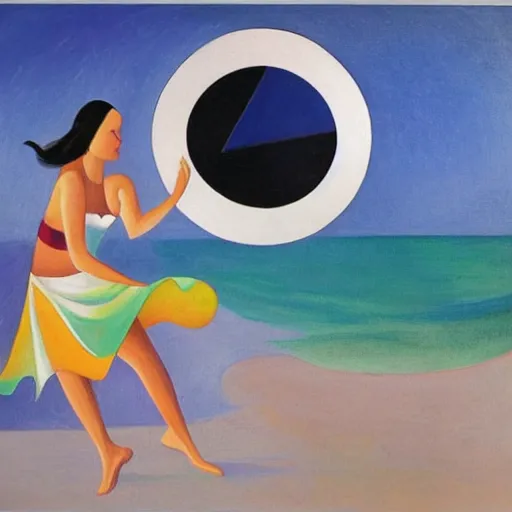 Image similar to woman dancing in a ying yang by the ocean while the waves crash on the seashore, high quality art in the style of cubism and geogia o keefe