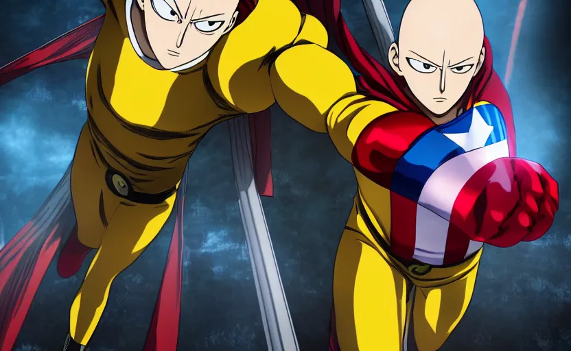 Image similar to Saitama from One Punch Man with Captain America, 8k hdr pixiv dslr photo