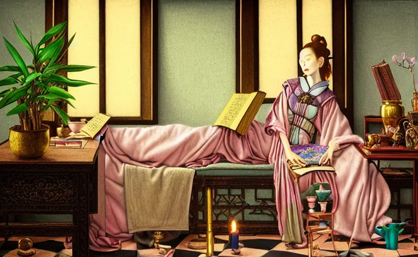 Prompt: a pastel drawing of a woman wizard, ornate clothing, lounging on a purpur pillow on the marbled checkered floor in her study room reading an ancient tome. to the side is a potted plant, moody candlelit raytracing. ancient scifi fantasy setting. detailed face, sharp focus. by chie yoshii and vermeer