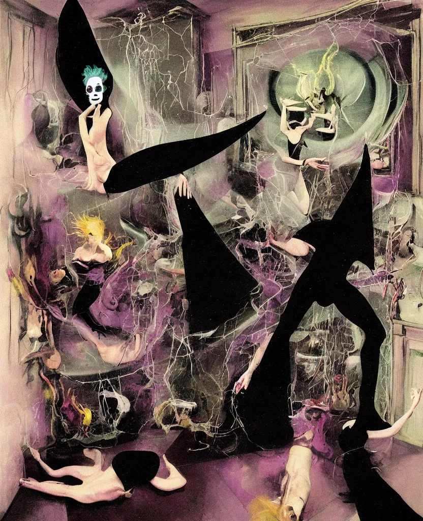 Image similar to One woman sirene start to bounce in a living room of a house, floating dark energy surrounds the middle of the room. There is one living room plant to the side of the room, surrounded by a background of dark cyber mystic alchemical transmutation heavenless realm, cover artwork by francis bacon and Jenny seville, midnight hour, part by adrian ghenie, part by jeffrey smith, part by josan gonzales, part by norman rockwell, part by phil hale, part by kim dorland, artstation, highly detailed