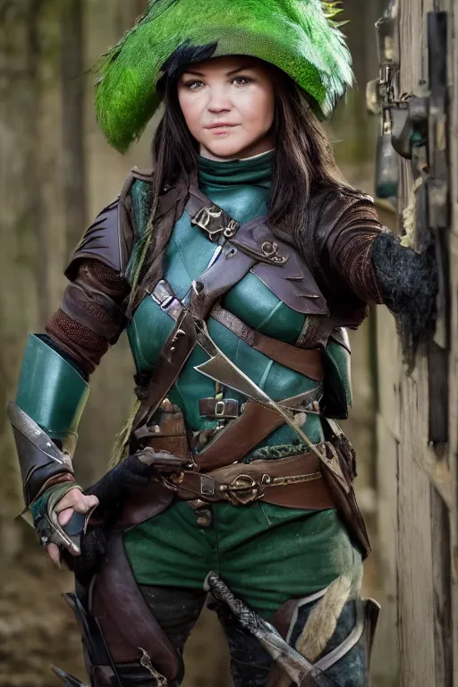 Image similar to fantasy character photo. female ranger. danielle campbell. brown dark forestgreen leather armor. jaunty, tilted, light - green, feathered little hat. black hair in ponytail. bright blue eyes. facial expression of manic obsessive love. leaning against the exterior wall of a tavern