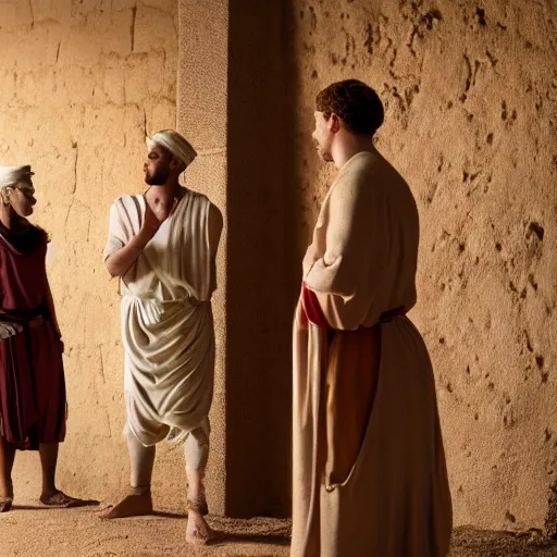 Image similar to cinematic still of 26 year old male in ancient Canaanite clothing meeting 18 year old female in ancient Canaanite clothing, dramatic lighting, establishing shot, high detail, Biblical epic directed by Wes Anderson