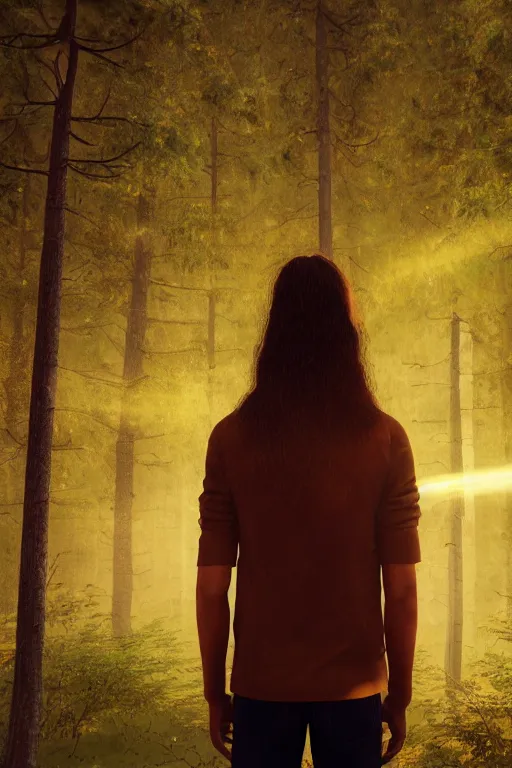 Prompt: young man with long hair made of real gold, slender, back view, trees, detailed forest background, webtoon, breathtaking scenery, colourful, 8 k, graphic novel, digital art trending on artstation, volumetric lighting, octane render, cinematic, hyper detailed, magical atmosphere