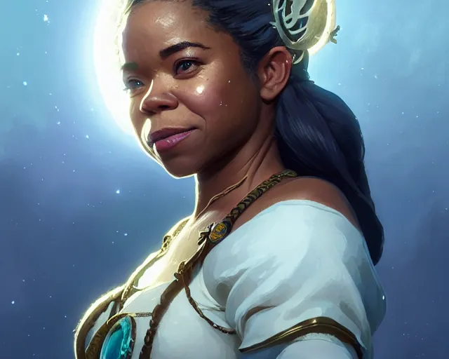 Image similar to highly detailed portrait of regina hall as a moon goddess in breath of the wild, stephen bliss, unreal engine, fantasy art by greg rutkowski, loish, rhads, ferdinand knab, makoto shinkai and lois van baarle, ilya kuvshinov, rossdraws, tom bagshaw, global illumination, radiant light, detailed and intricate environment