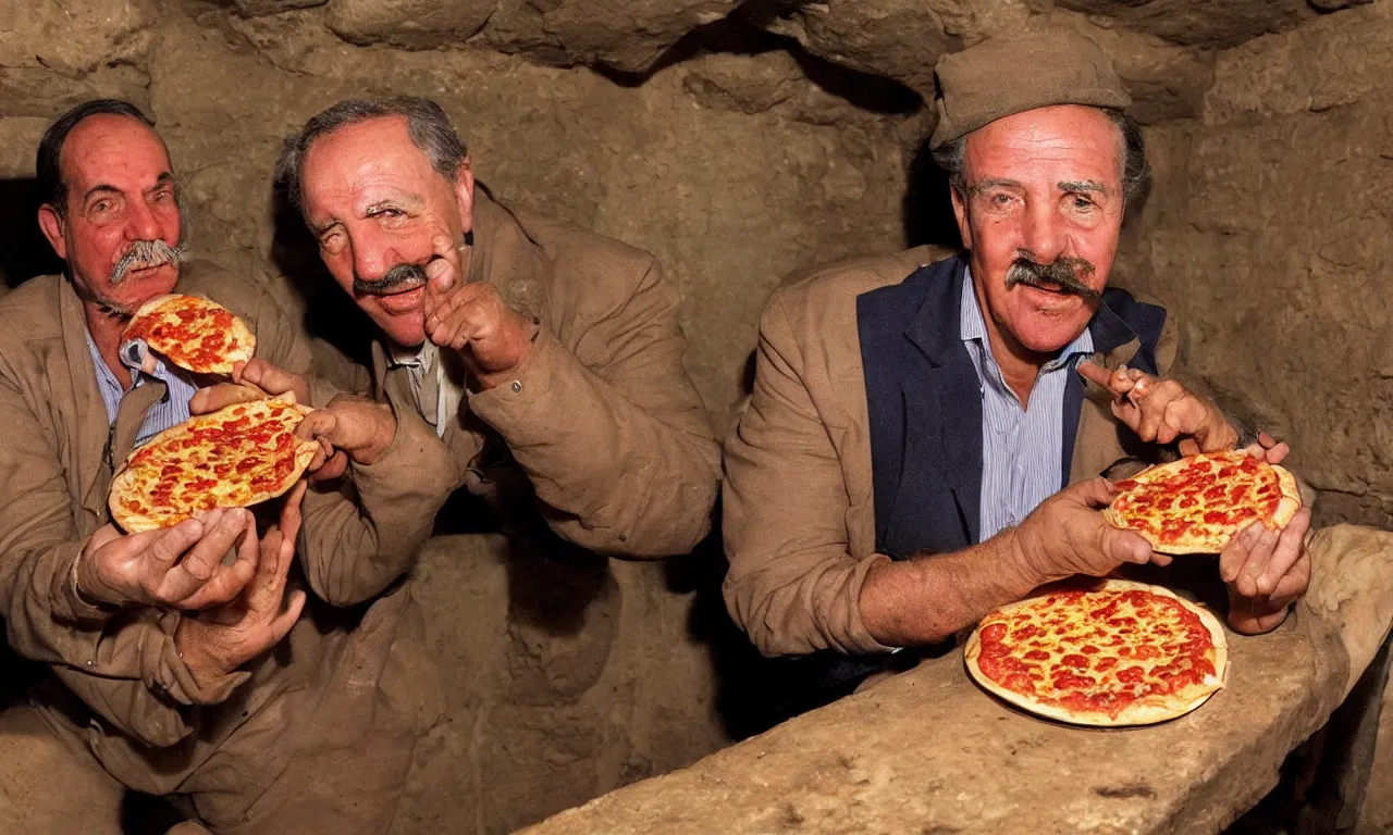 Image similar to Egyptologist Howard Carter excited to discover Pepperoni Pizza in Tutankhamun's tomb, Photorealistic, Photographic, Colorized