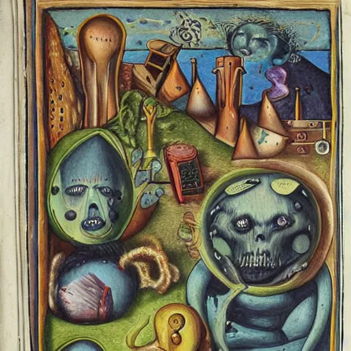 Prompt: uncanny monsters of the imagination in a surreal alchemical manuscript