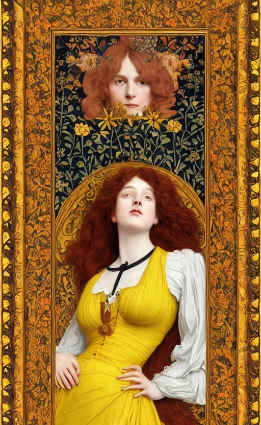 Image similar to full body reclining masterpiece of preraphaelite portrait photography, brown hair fringe, yellow ochre ornate medieval dress, william morris and kilian eng and mucha, framed, 4 k