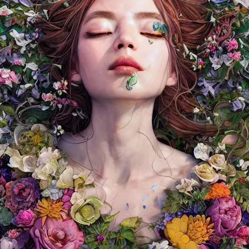 Image similar to the portrait of an absurdly beautiful, graceful, elegant, chaste woman made of petals looking up, an ultrafine detailed illustration by kim jung gi, irakli nadar, intricate linework, bright colors, octopath traveler, final fantasy, angular, unreal engine 5 highly rendered, global illumination, radiant light, detailed and intricate environment