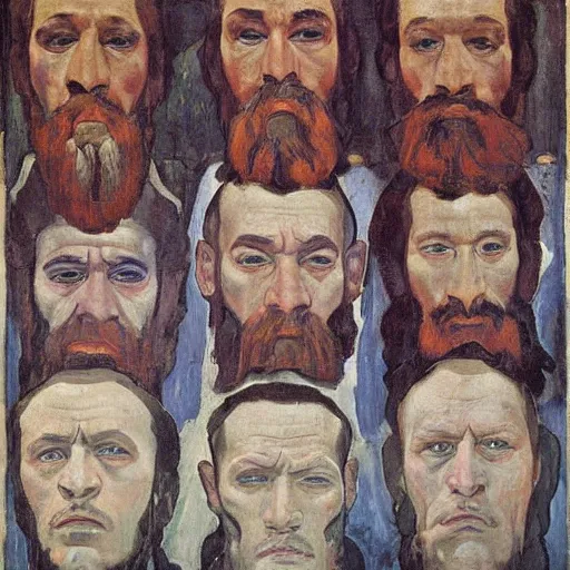 Image similar to faces of anxiet, xanax, painted by ferdinand hodler