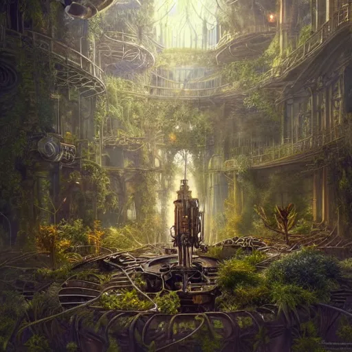 Image similar to a ultradetailed beautiful concept art of the core of a intricate steampunk machine where vegetation have start to peacefully grow in harmony with the machine, dynamic lighting, cinematic lighting, magical atmosphere, concept art, high resolution 4 k, by tom bagshaw, greg rutkowski, charlie bowater and artgeem