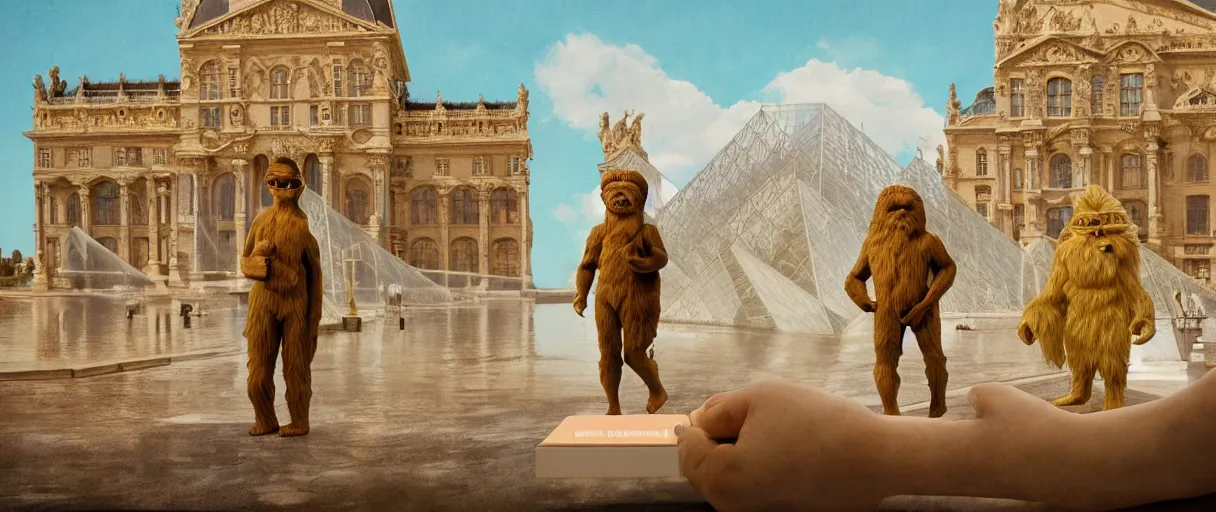 Prompt: accidentally wes anderson award - winning photograph of yeti and bigfoot visiting louvre, accidental renaissance, golden ratio, fibonacci composition, 4 k, detailed, art by greg rutkowsky, trending on artstation, cinematic lighting, filmic grain, golden hour, detailed, 4 k