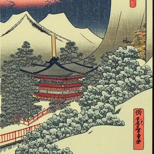 Prompt: japanese city built into a snowy mountain range in ukiyo - e style